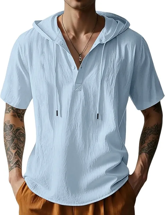 Men's Cotton Linen Short Sleeve Hooded Shirt