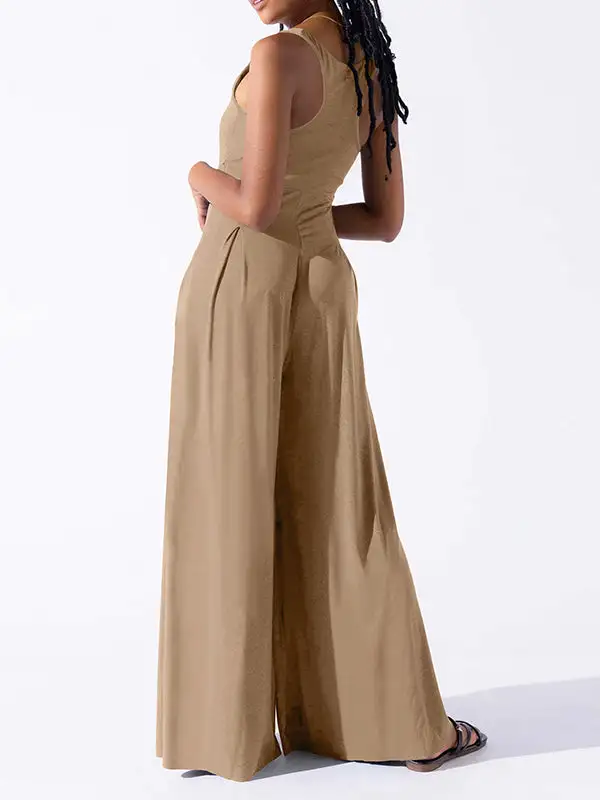 Losse Mouwloze Geplooide Effen Jumpsuits Met Spaghetti Hals