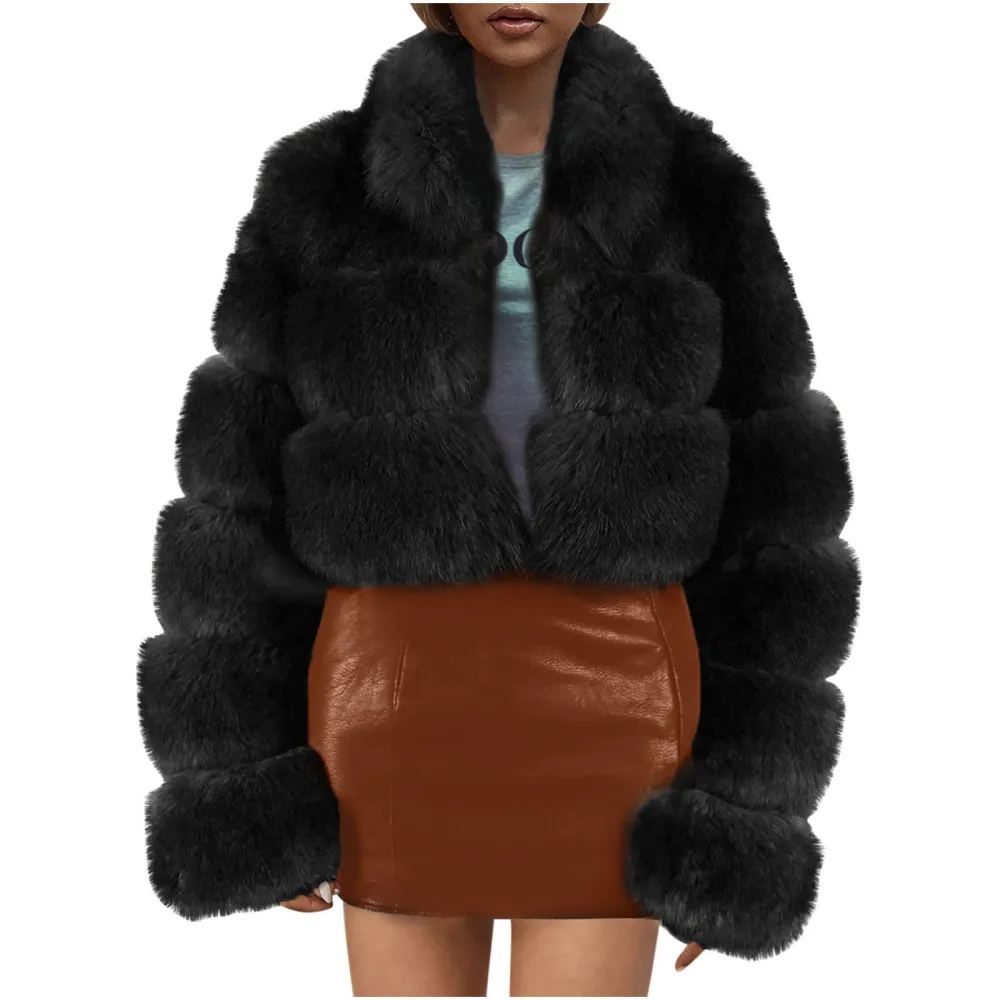 X1-Black Faux Fur Coat Women with Hood Cropped Bubble Coats Fleece Short Warm Jackets Plus Size Winter Coats for Women