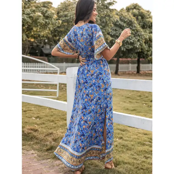 Slit Printed V Neck Half Sleeve Maxi Dress
