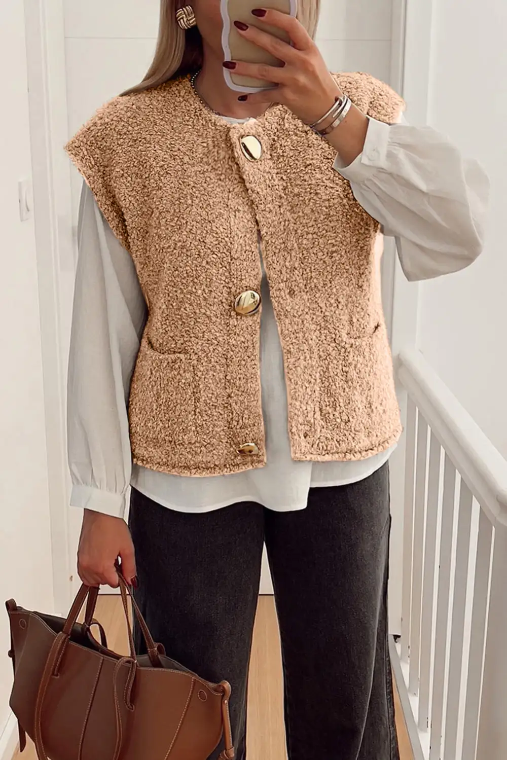 Big Button Accent Pocket Plush Vest