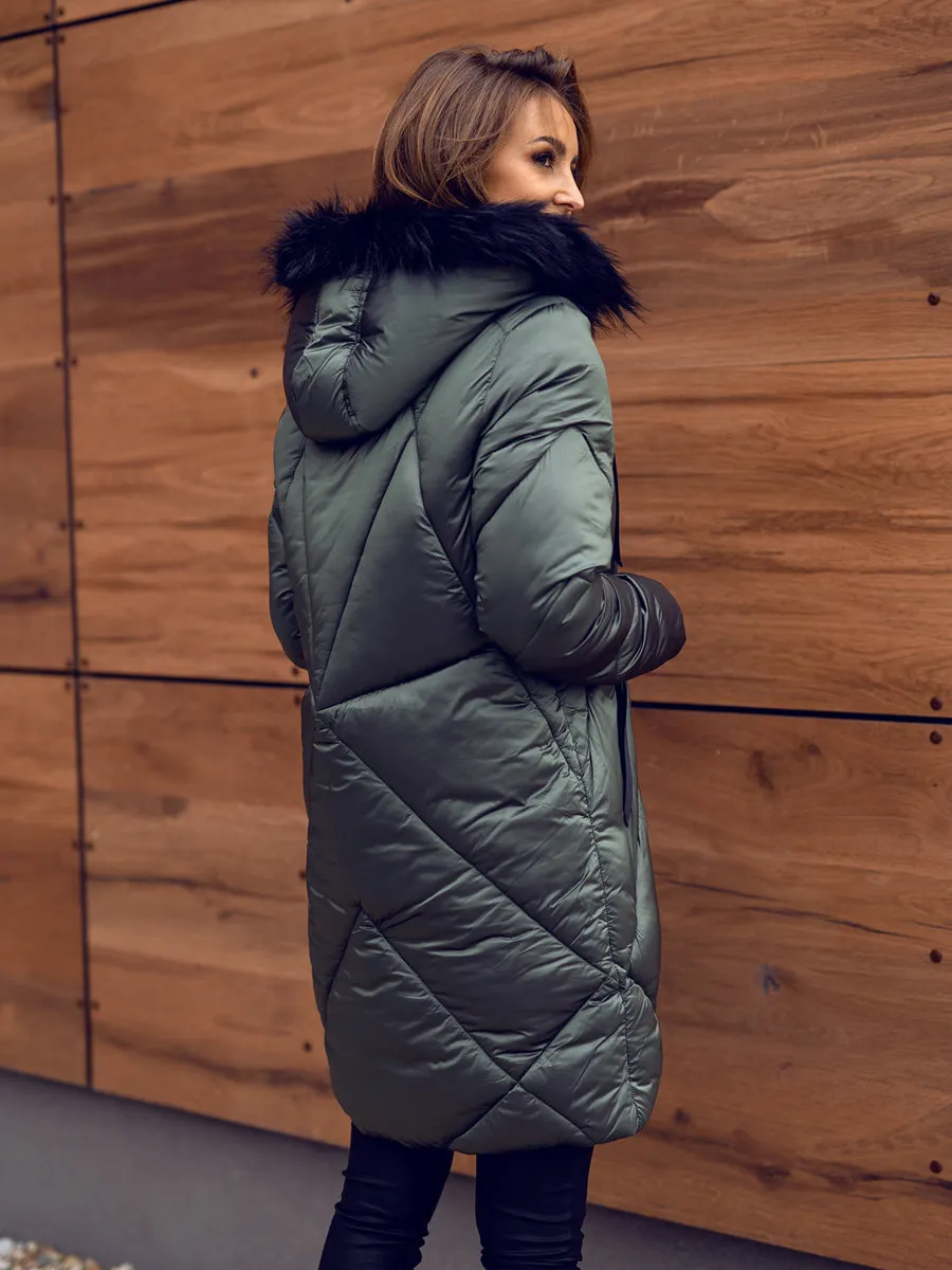 women's green quilted winter jacket with hood