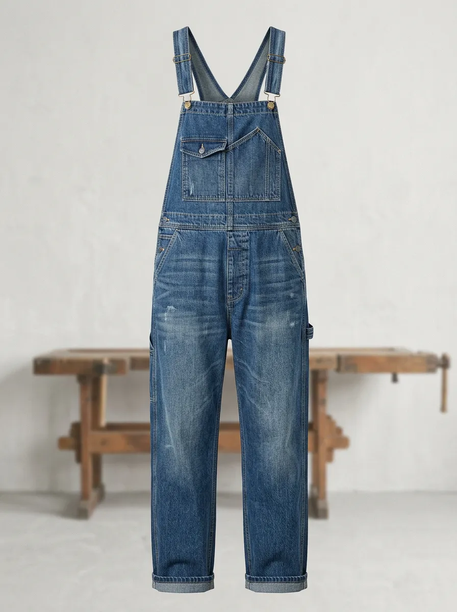 Men's Bib Distressed Washed Vintage-Inspired Denim Bib Overalls
