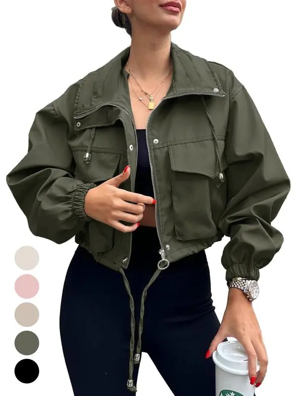 Women's Solid Zip Up Drawstring Hem Jacket, Casual Long Sleeve Collared Outerwear