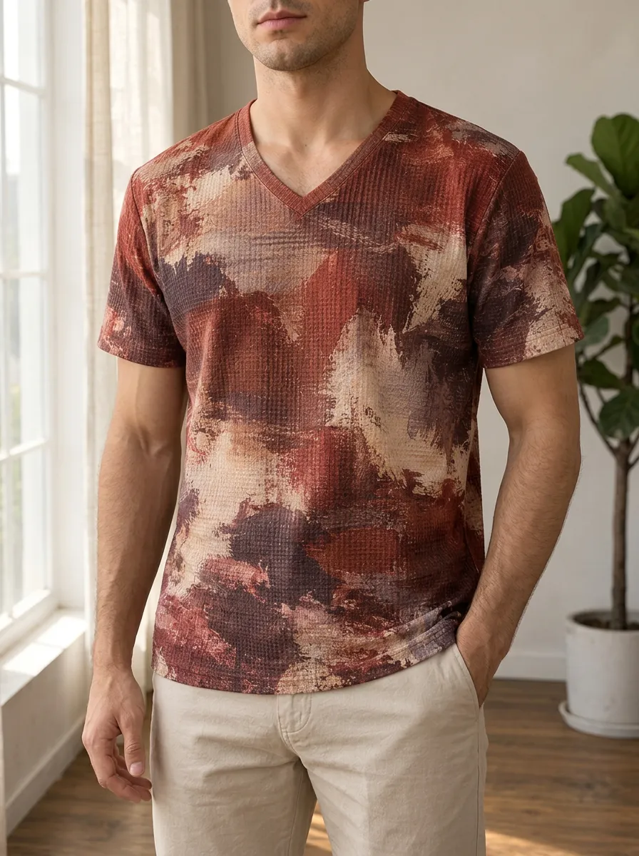 Men's Layered Abstract Brushstroke Pattern V-Neck T-Shirt