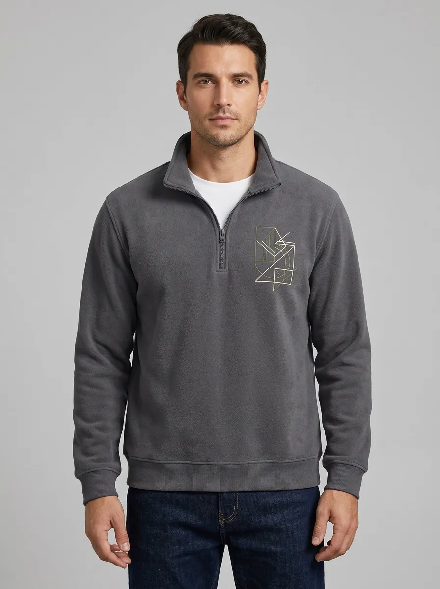 Men's Minimalist Geometric Line-Art Graphic Quarter-Zip-Neck Sweatshirt