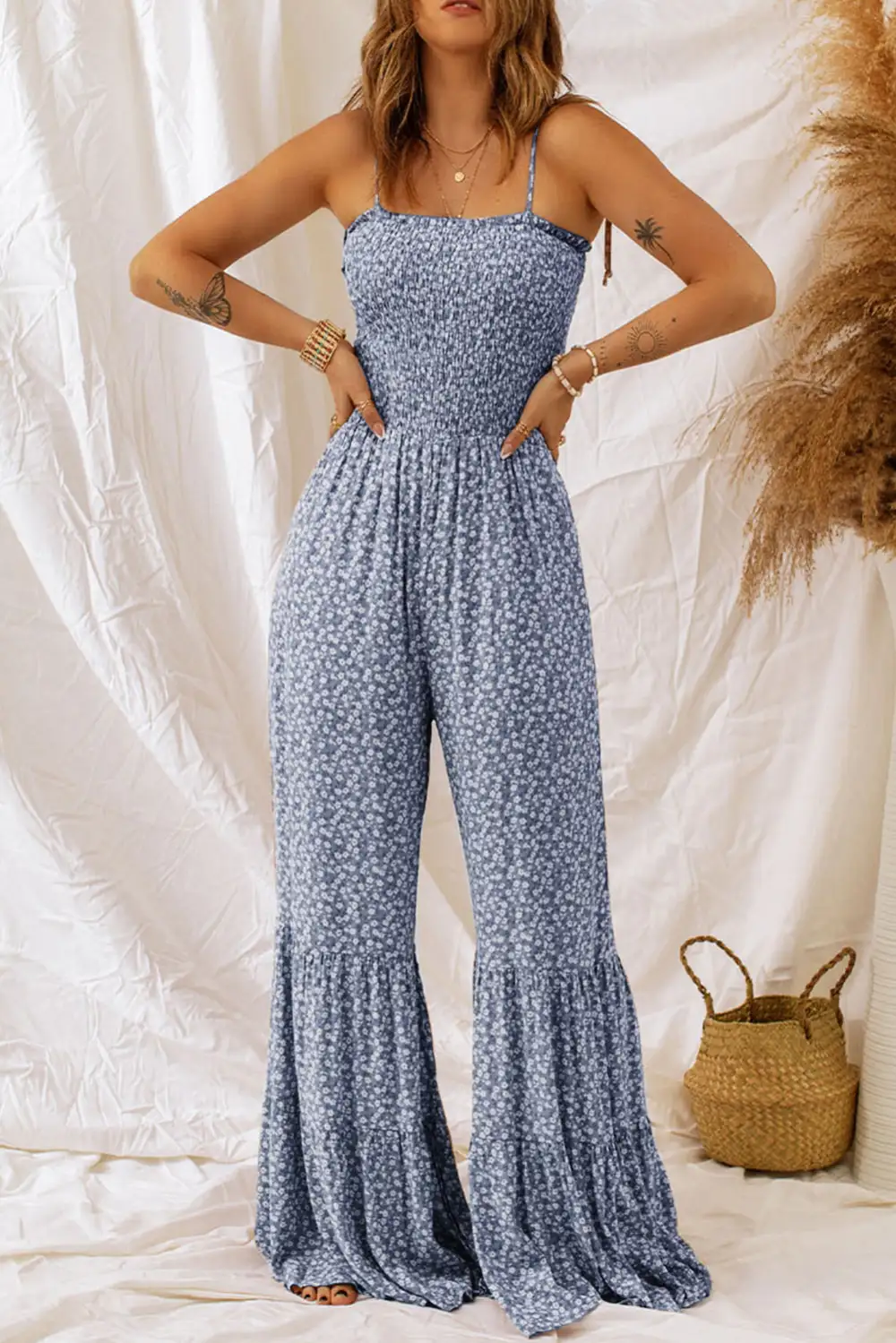 Thin Straps Smocked Bodice Wide Leg Accessory