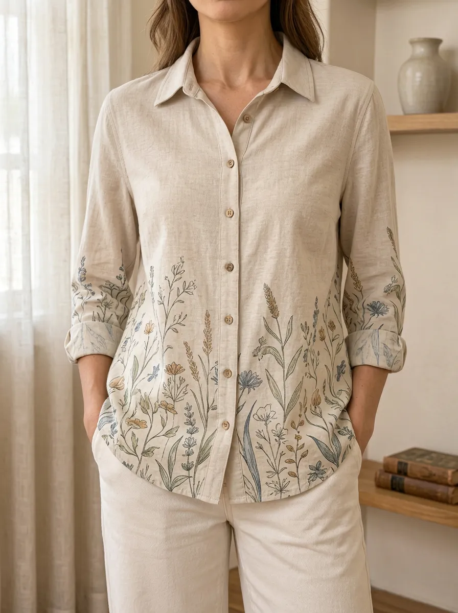 Women's Scenic Botanical Nature Lover Wildflower Linen Shirt