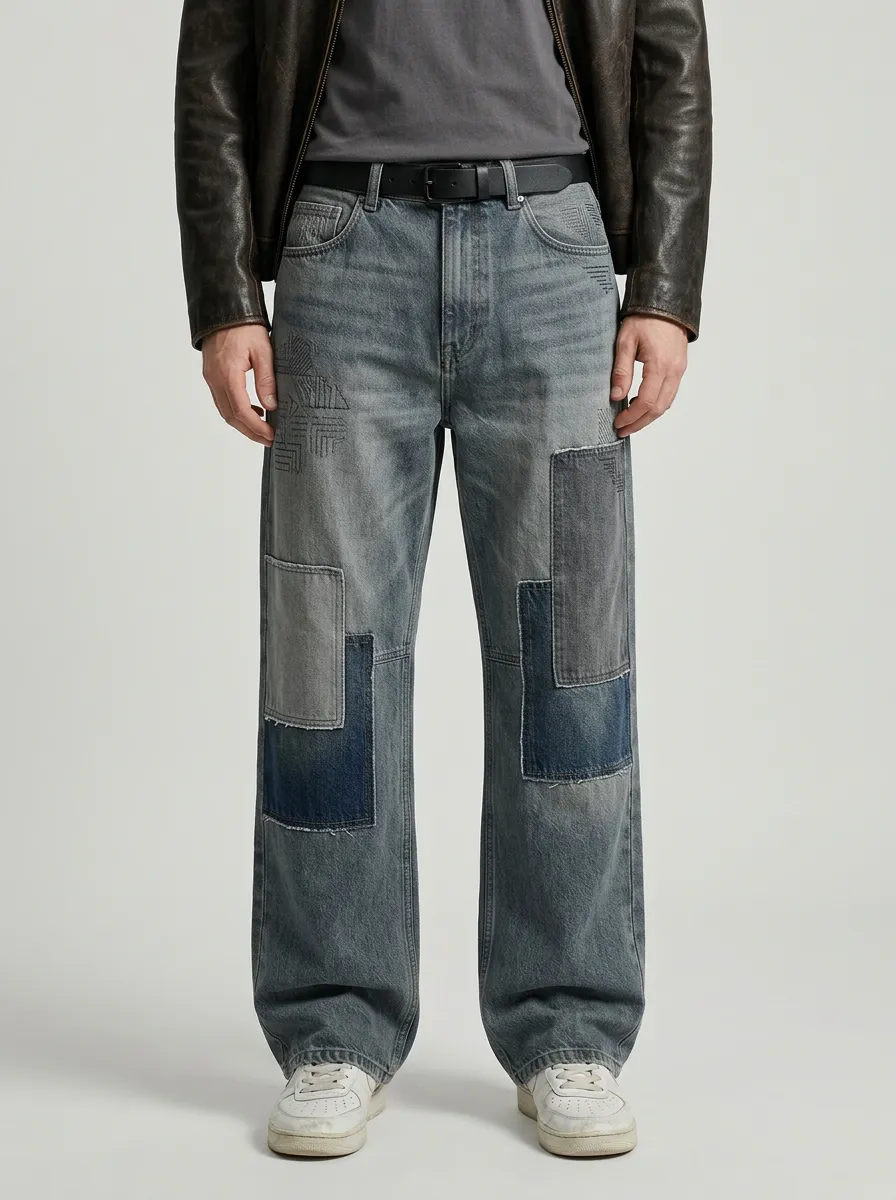 Wide Leg Patchwork Geometric Graphic Vintage-Inspired Men's Loose Fit Jeans