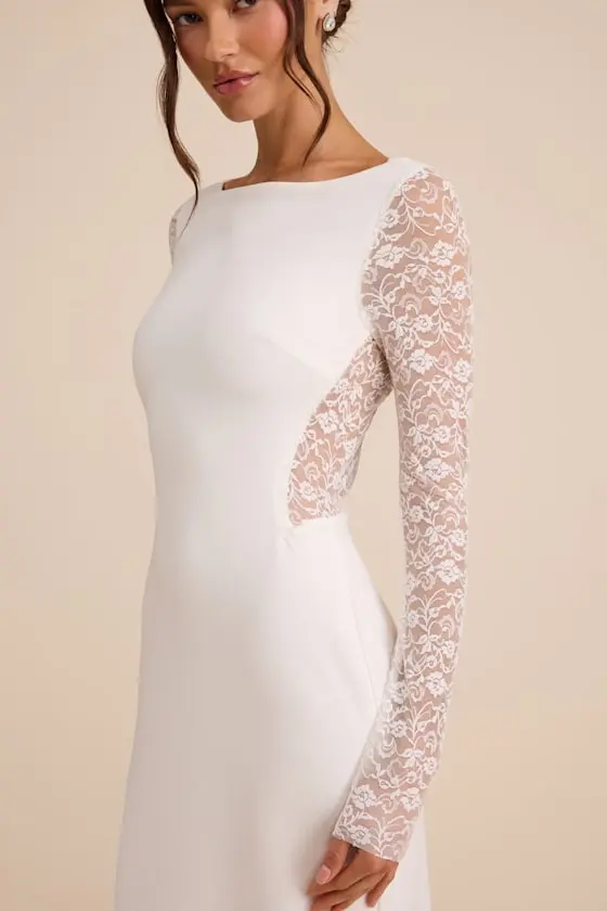 Brooks White Lace Boat Neck Mermaid Maxi Dress