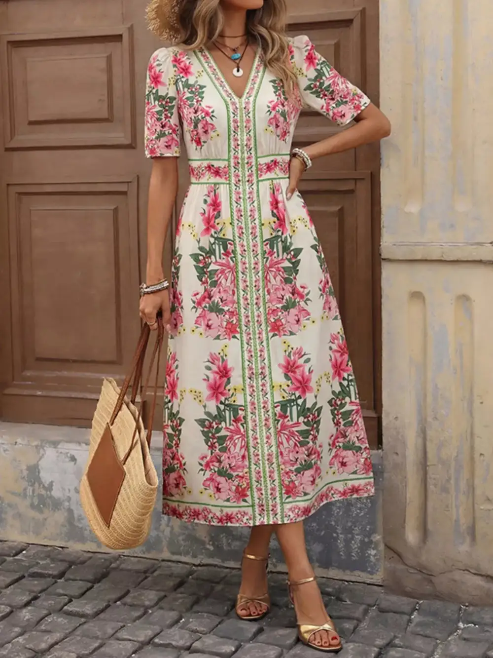 Floral Printed V Neck Midi Dress