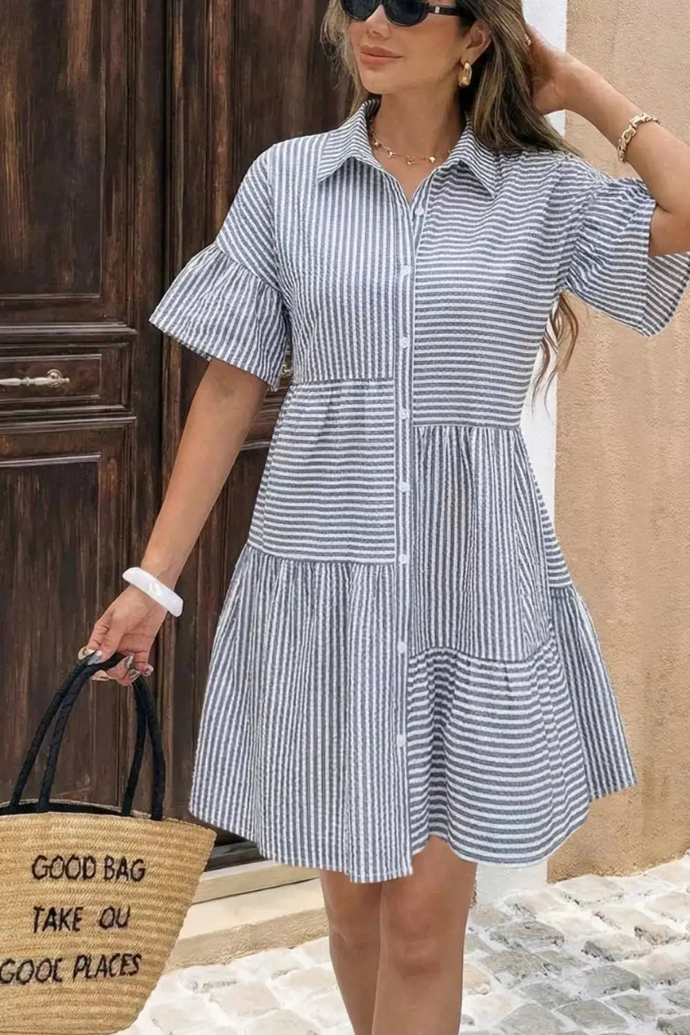 Striped Button Front Ruffle Mini Dress