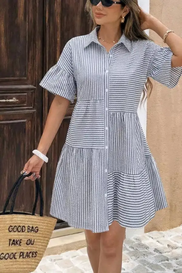 Striped Button Front Ruffle Mini Dress