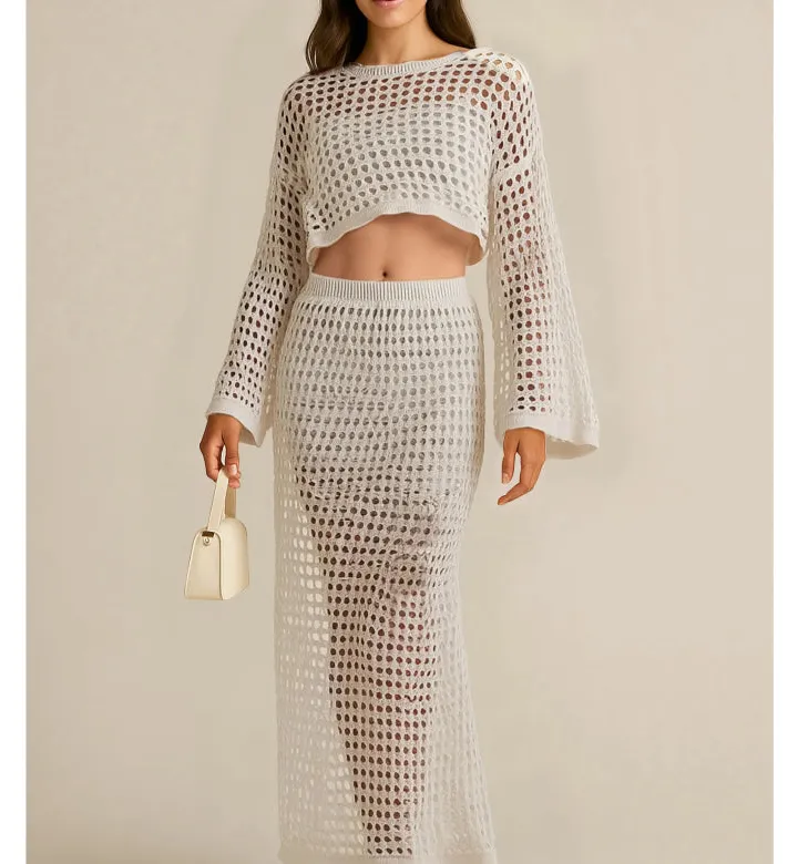 Hollow Out Long Sleeve Top and Skirt Knit Set