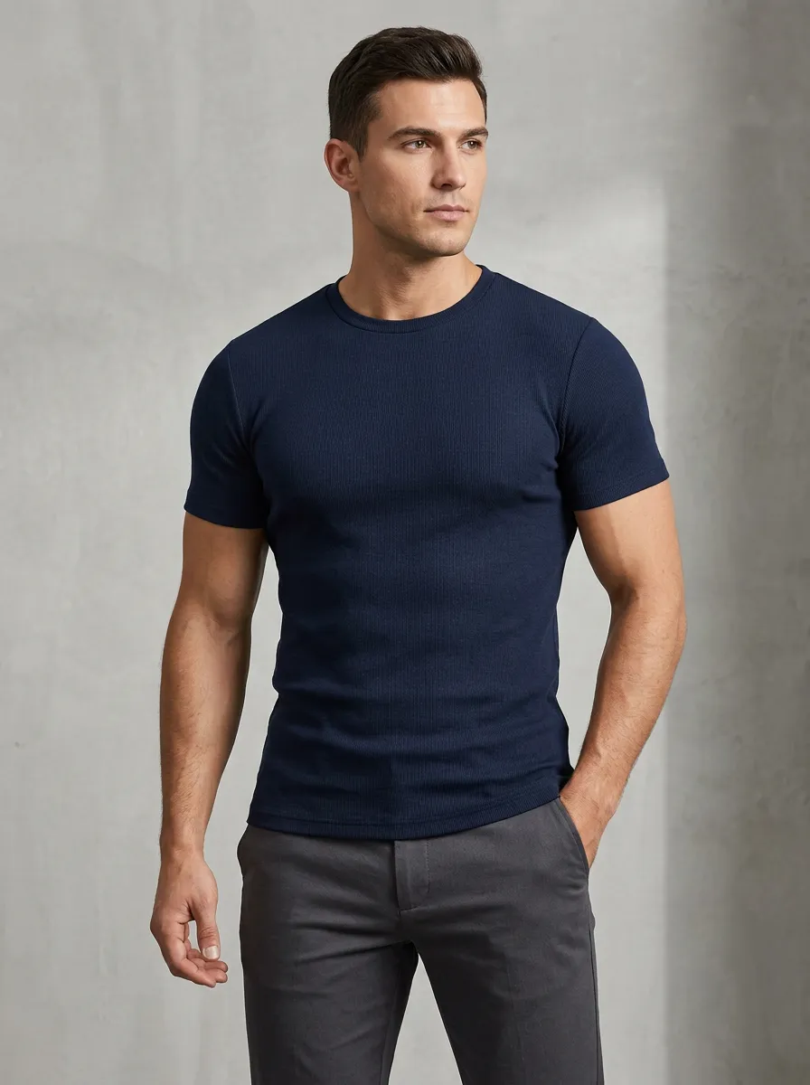 Streamlined Ribbed Textured Crew Neck Classic Look Men's Slim Fit Short Sleeve T-Shirt