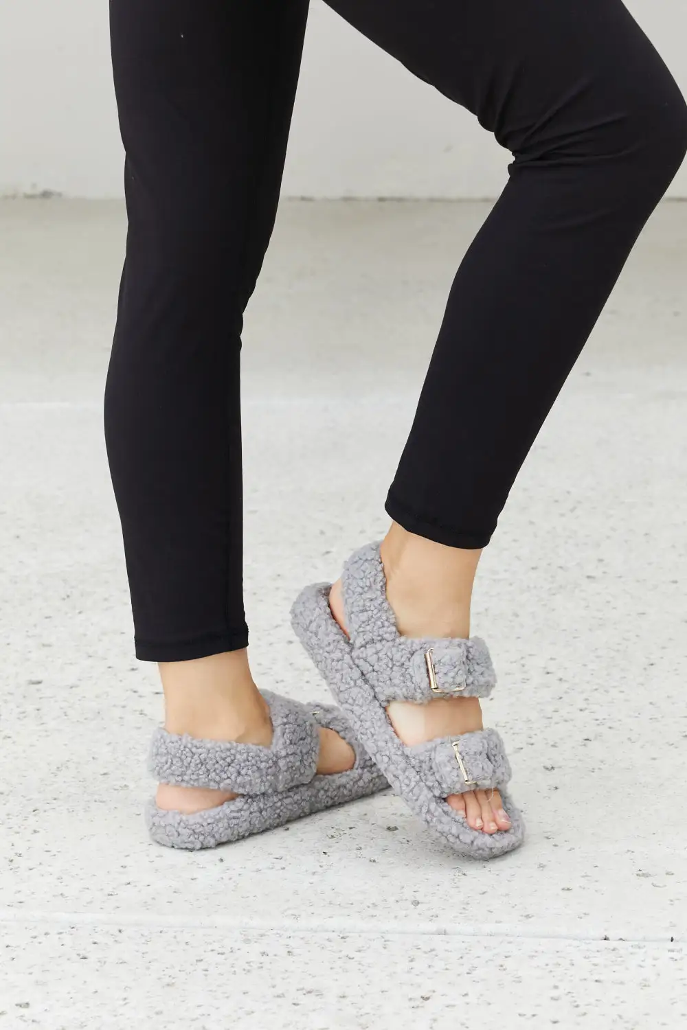 Faux Fur Buckled Flat Sandals