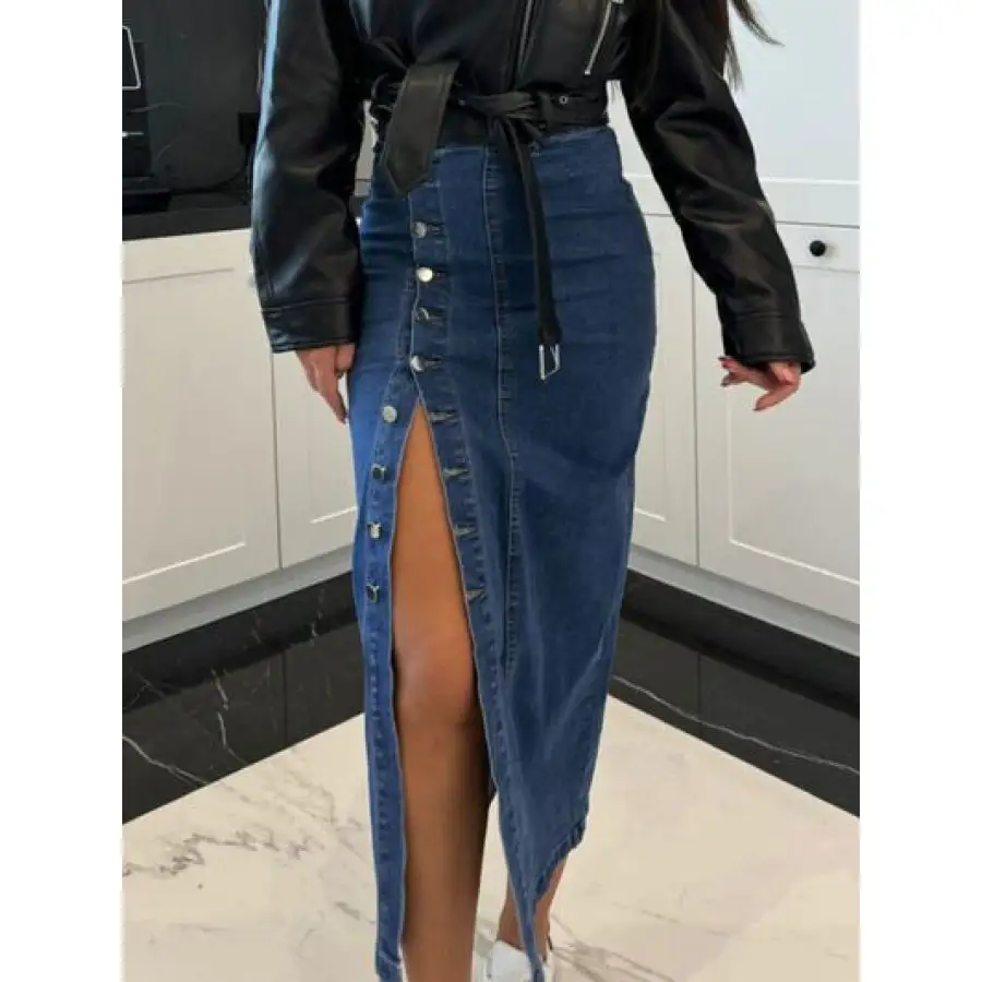 Front Button Slit Midi Denim Skirt