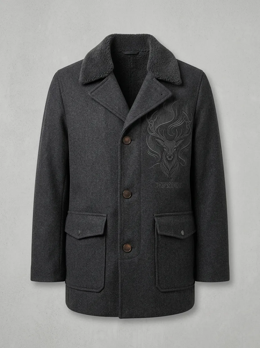Men's Charcoal Sherpa-Look Stag Deer Warm Jacket
