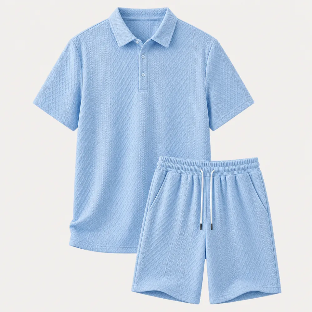 Men's Textured Knit Polo & Shorts Set