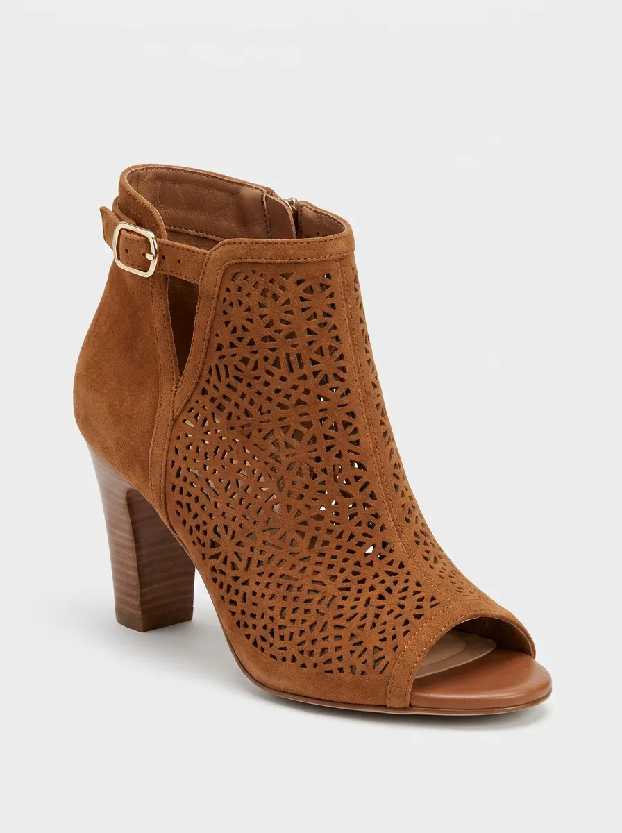 Laser-Cut Geometric Suede-Look Women's Peep-Toe Ankle Boots