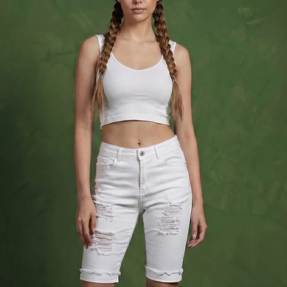 High-Waist Distressed Pocketed Lightweight Denim Shorts