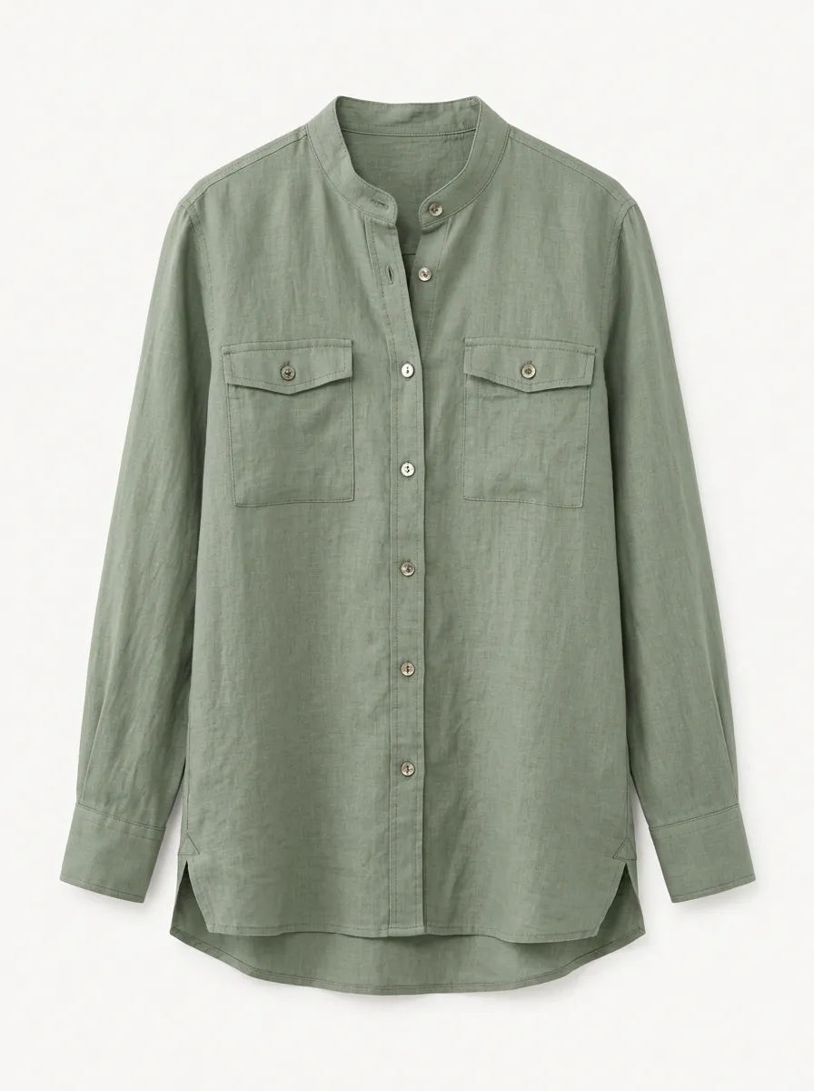 Women's Sage Green Linen Blend Button Down Long Sleeve Shirt