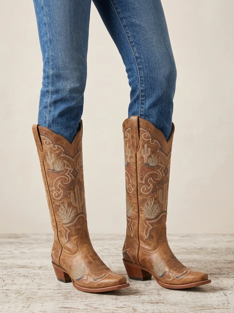 Women's Western Cactus Wing Embroidered Pointed-Toe Block-Heel Stacked-Heel Denim Over-the-Knee Boots