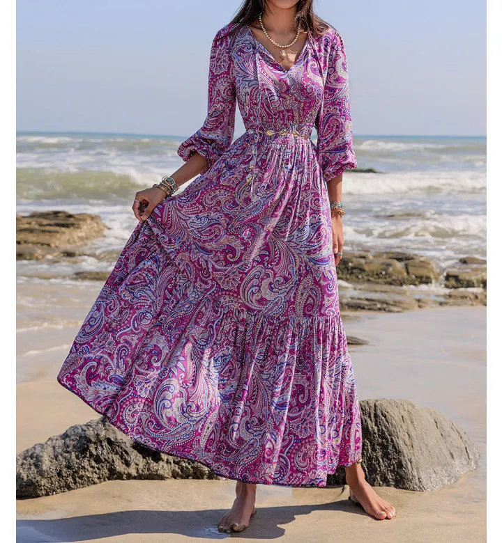 Relaxed Printed Tie Neck Balloon Sleeve Maxi Dress