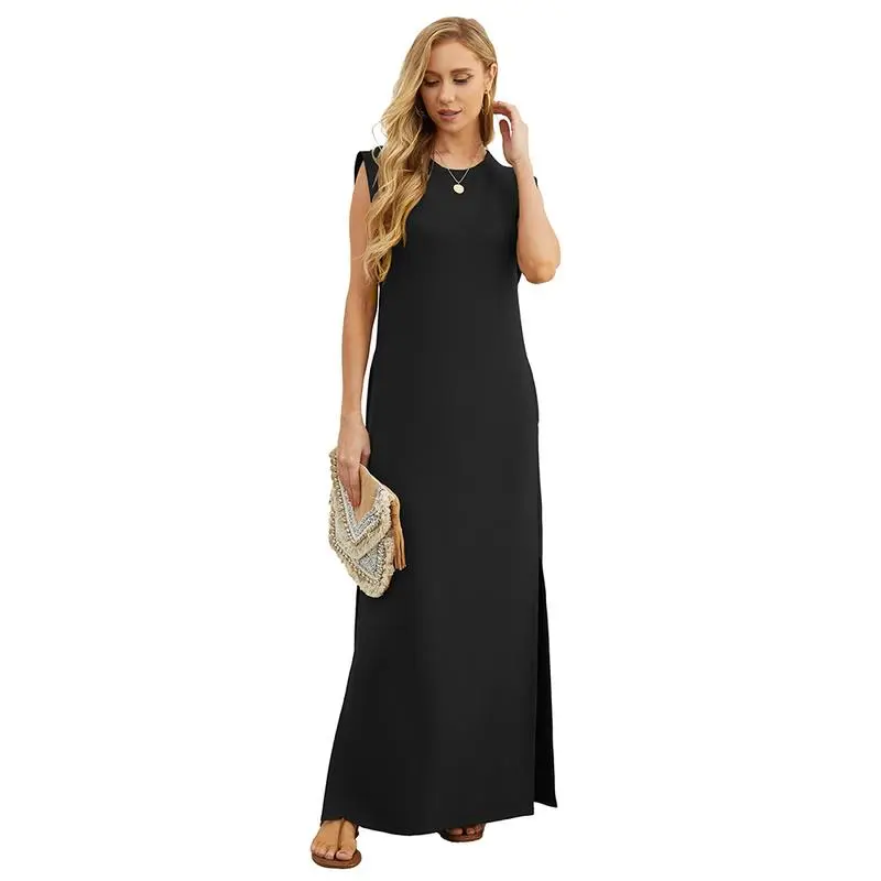 6PACK-Summer Round Neck Casual Loose Split Wrinkle-Free Long  Dress