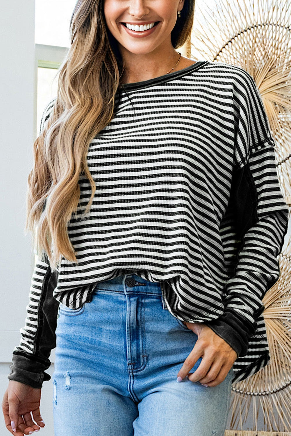 Women's Striped Thermal Knit Drop Shoulder Top