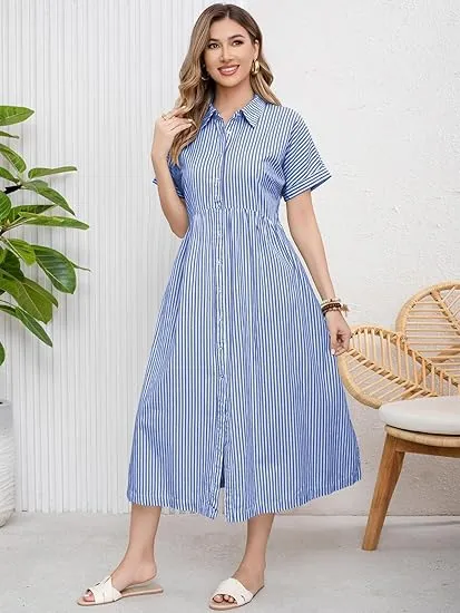 Women‘s Boho Striped Shirt Dress Button Down Loose Midi Dress with Pockets and Side Slit