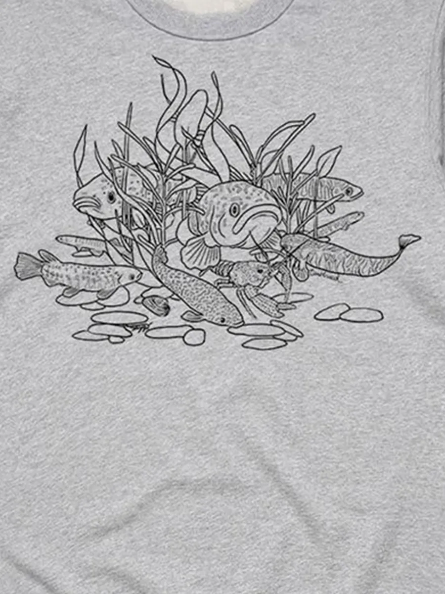A versatile sports shirt featuring a simple pattern of freshwater fishs