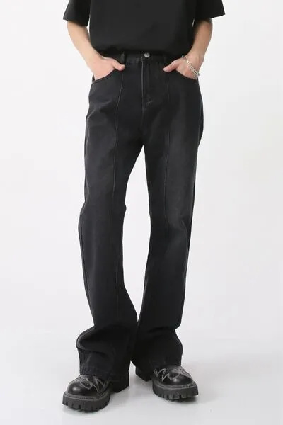 Mid-Rise Washed Elastic-Waist Stretch Straight Leg Jeans