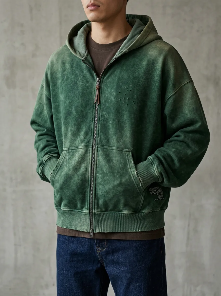 Men's Vintage Green Acid Wash Distressed Zip Up Hoodie