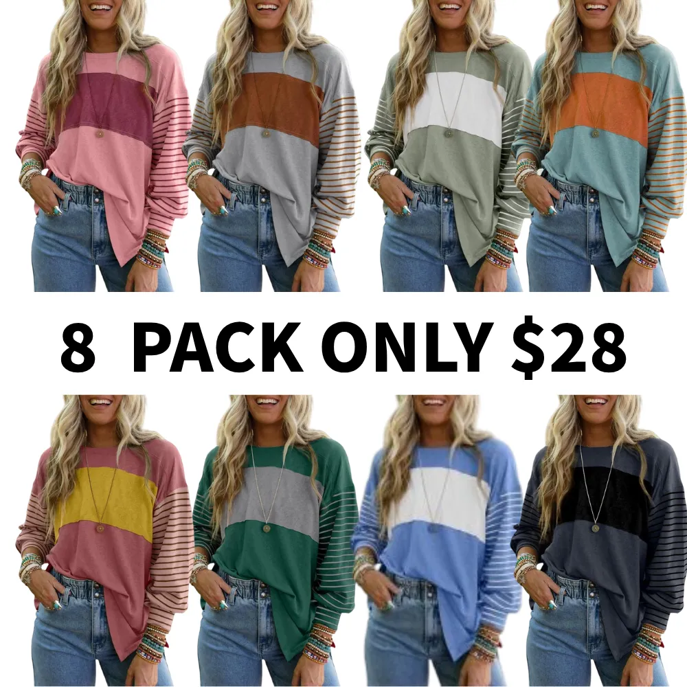 Long Sleeve Fall Tops Oversized 2025 Trendy Round Crew Neck Casual Color Block Womens Shirts Blouses
