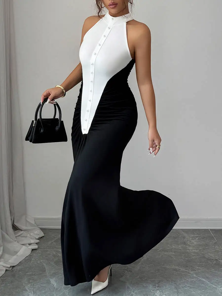 High Pleated Buttoned Sleeveless Neck Maxi Dress