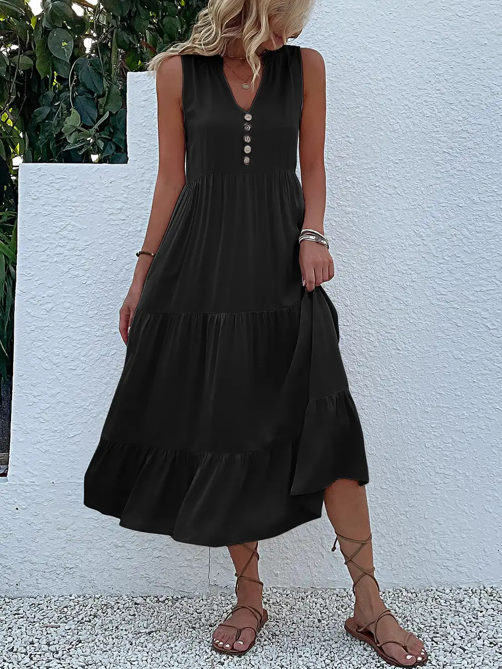 Notch-Neck Buttoned Sleeveless Tiered Midi Dress