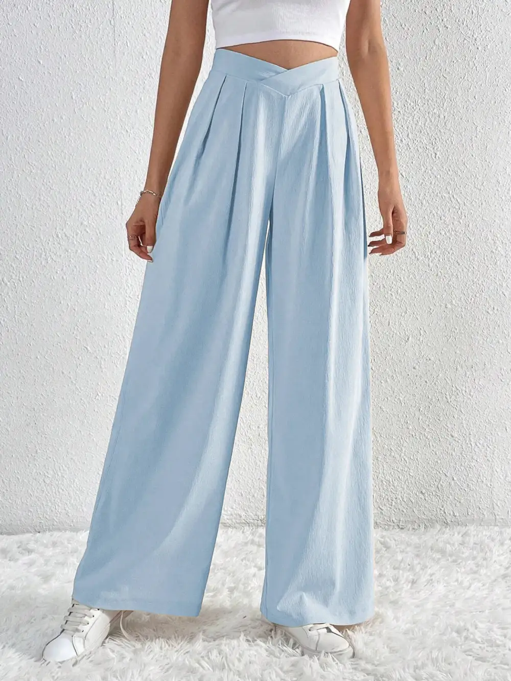 V Waisted Ruched Front Wide Leg Pants