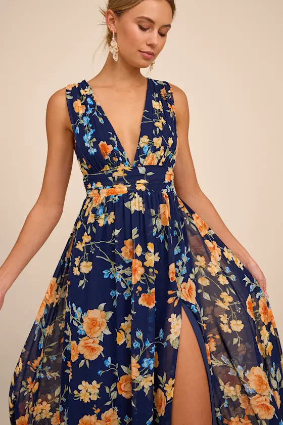 Heavenly Hues Dark Blue Floral Maxi Dress