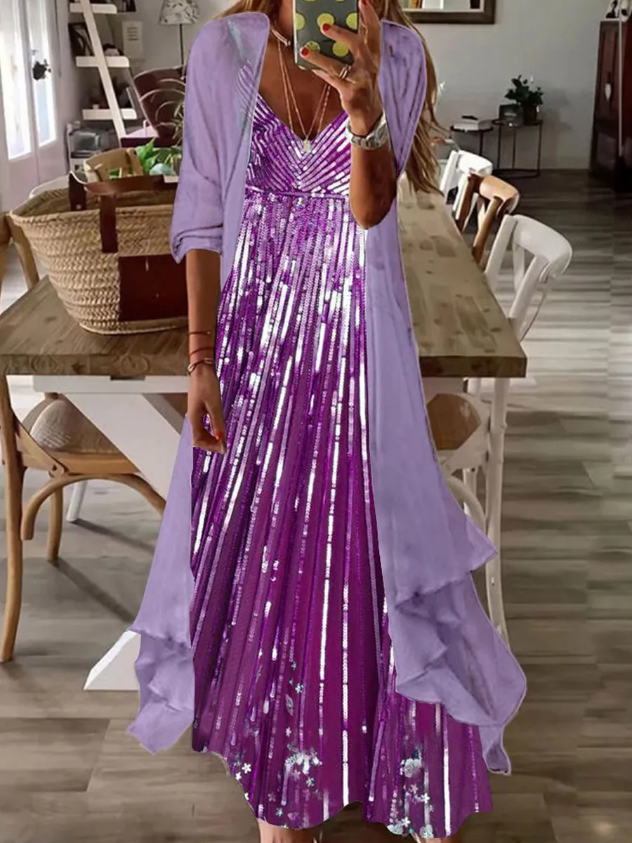 V-neck Printed Loose Long-sleeved Suit Maxi Dress