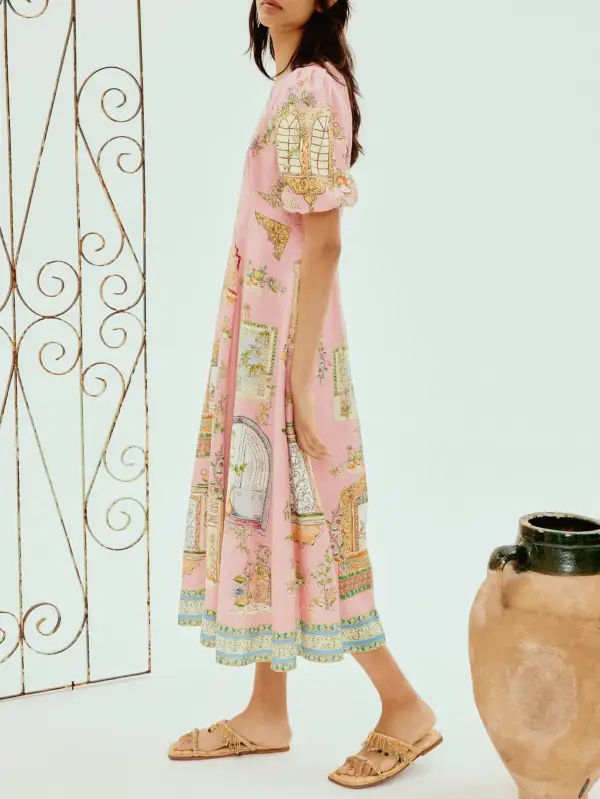 Garden Print Puff Sleeve Flared Midi Dress