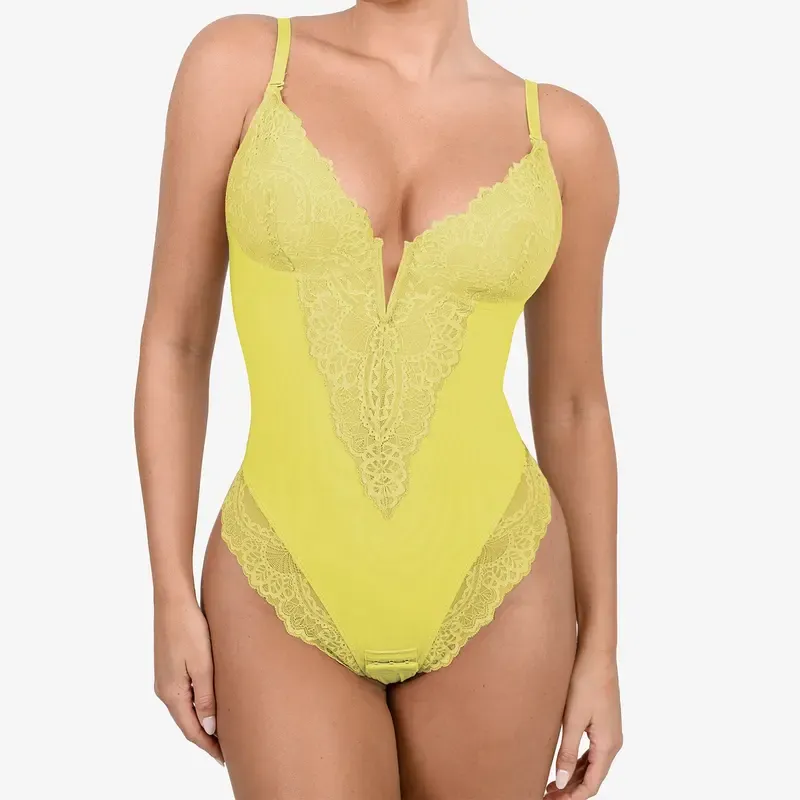 Womens Deep V Lace Bodysuit Built-in Shapewear Breathable Shaping Tops