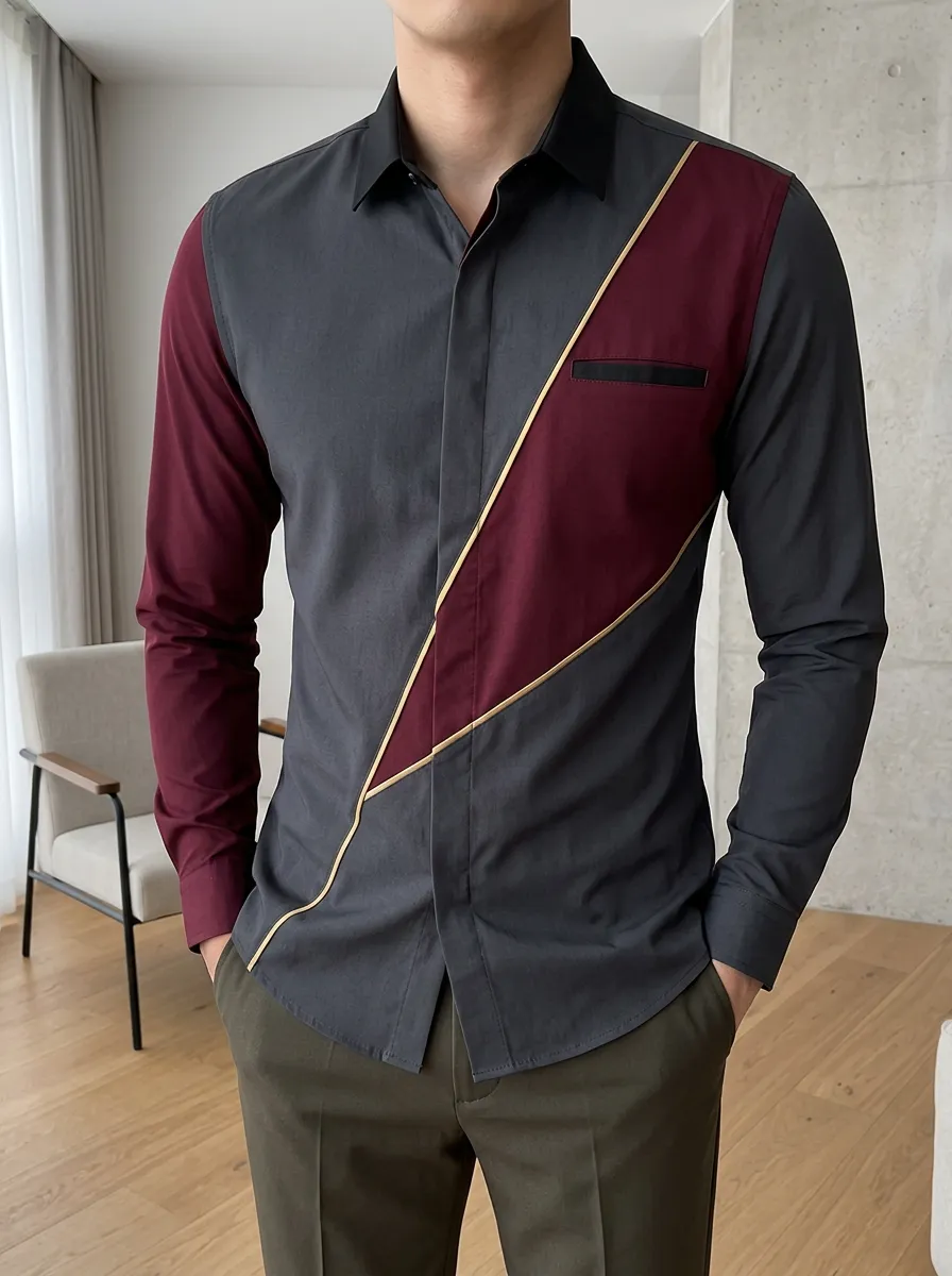 Men's Colorblock Burgundy Grey Slim Fit Long Sleeve Shirt