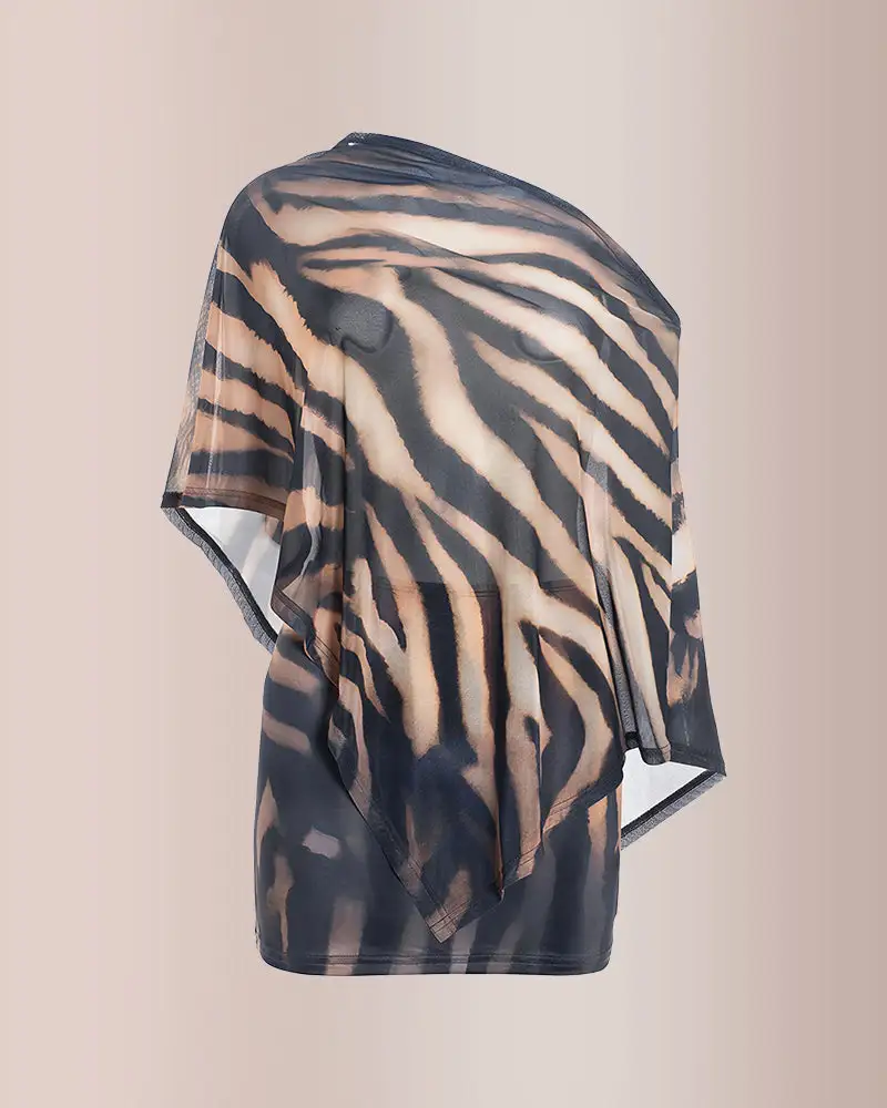 Sheer Asymmetrical Top and Mini Skirt Two-Piece Set