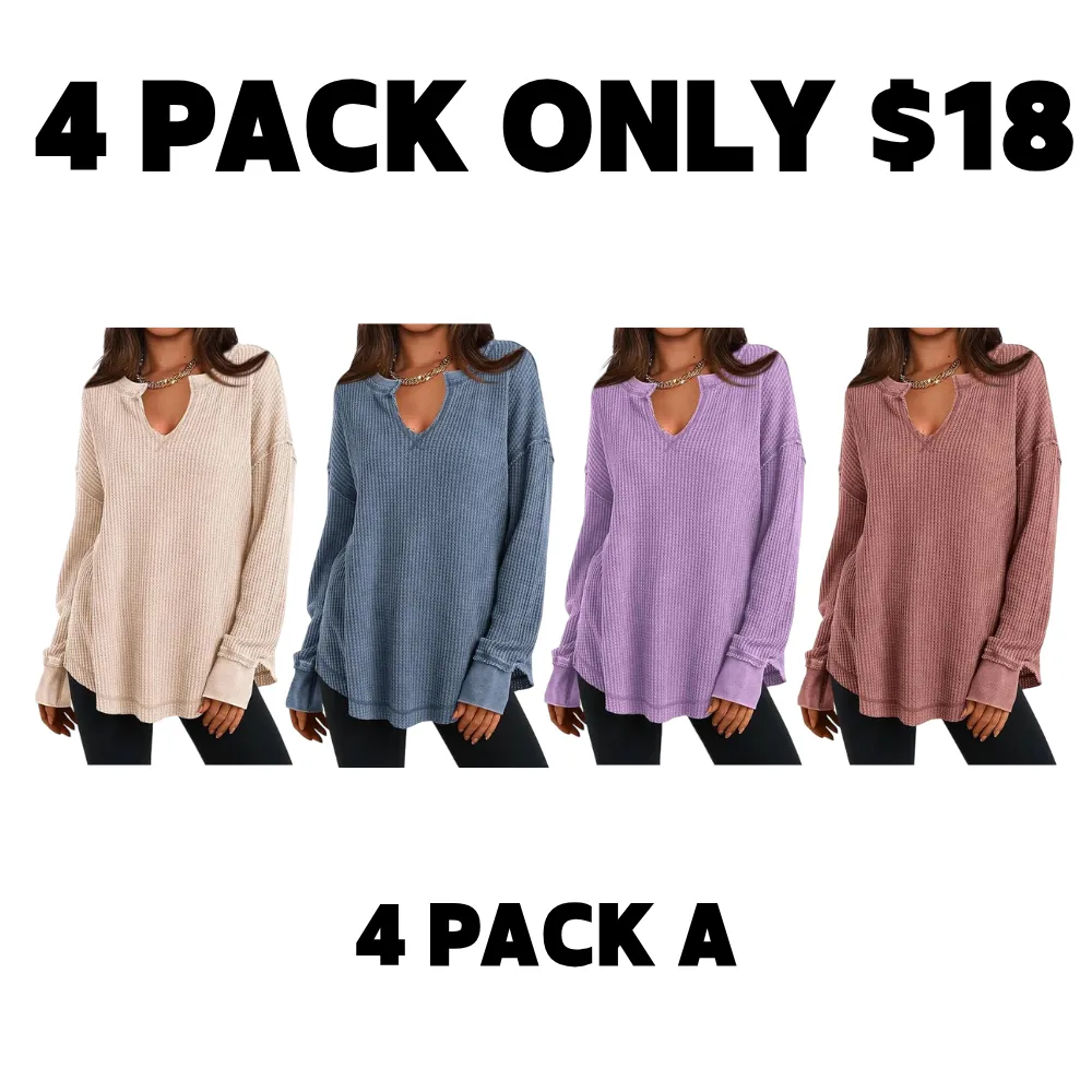 Women‘s Waffle Knit Long Sleeve Casual V Neck Shirts