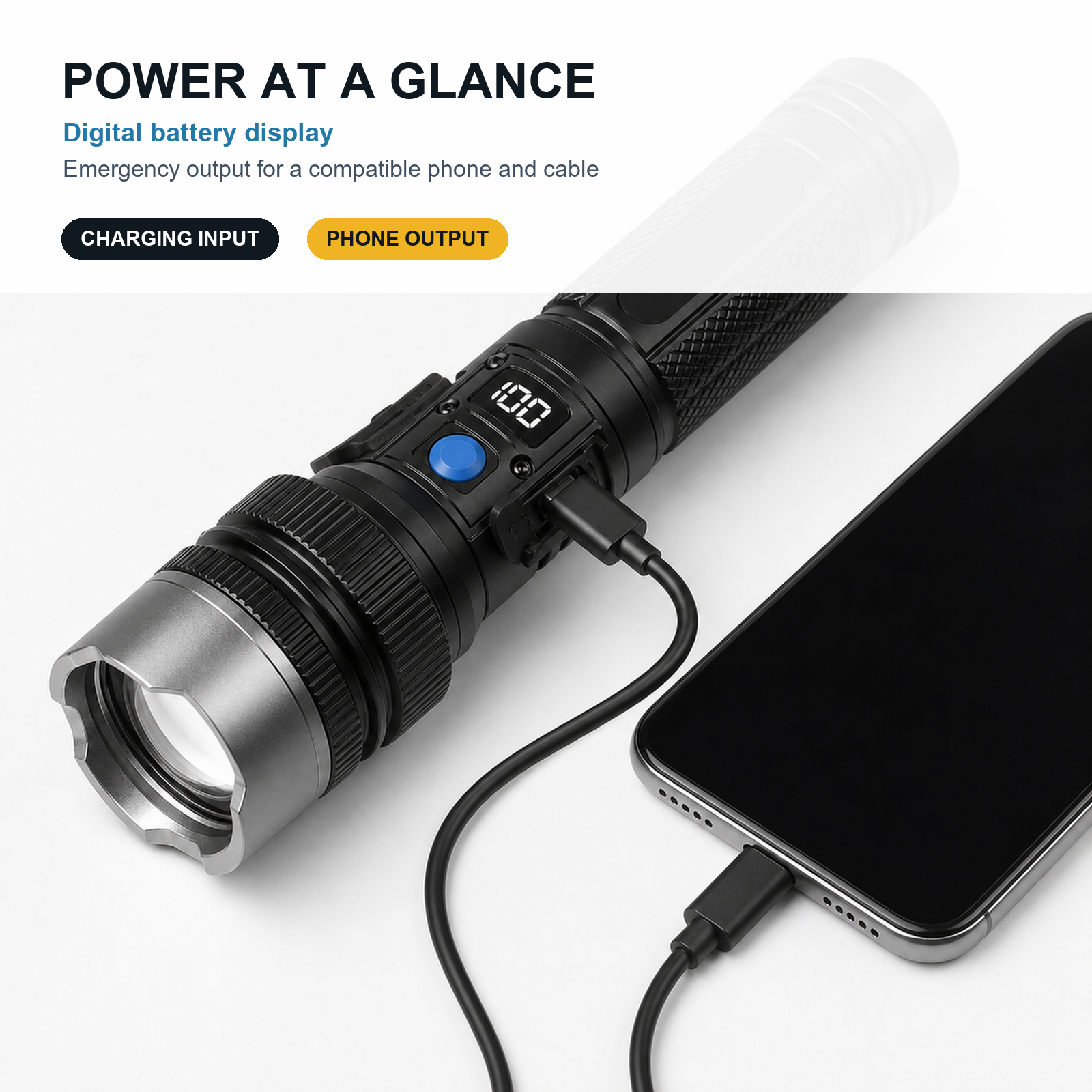 Rechargeable Zoom Flashlight with Digital Display & Power Bank - See the Remaining Power