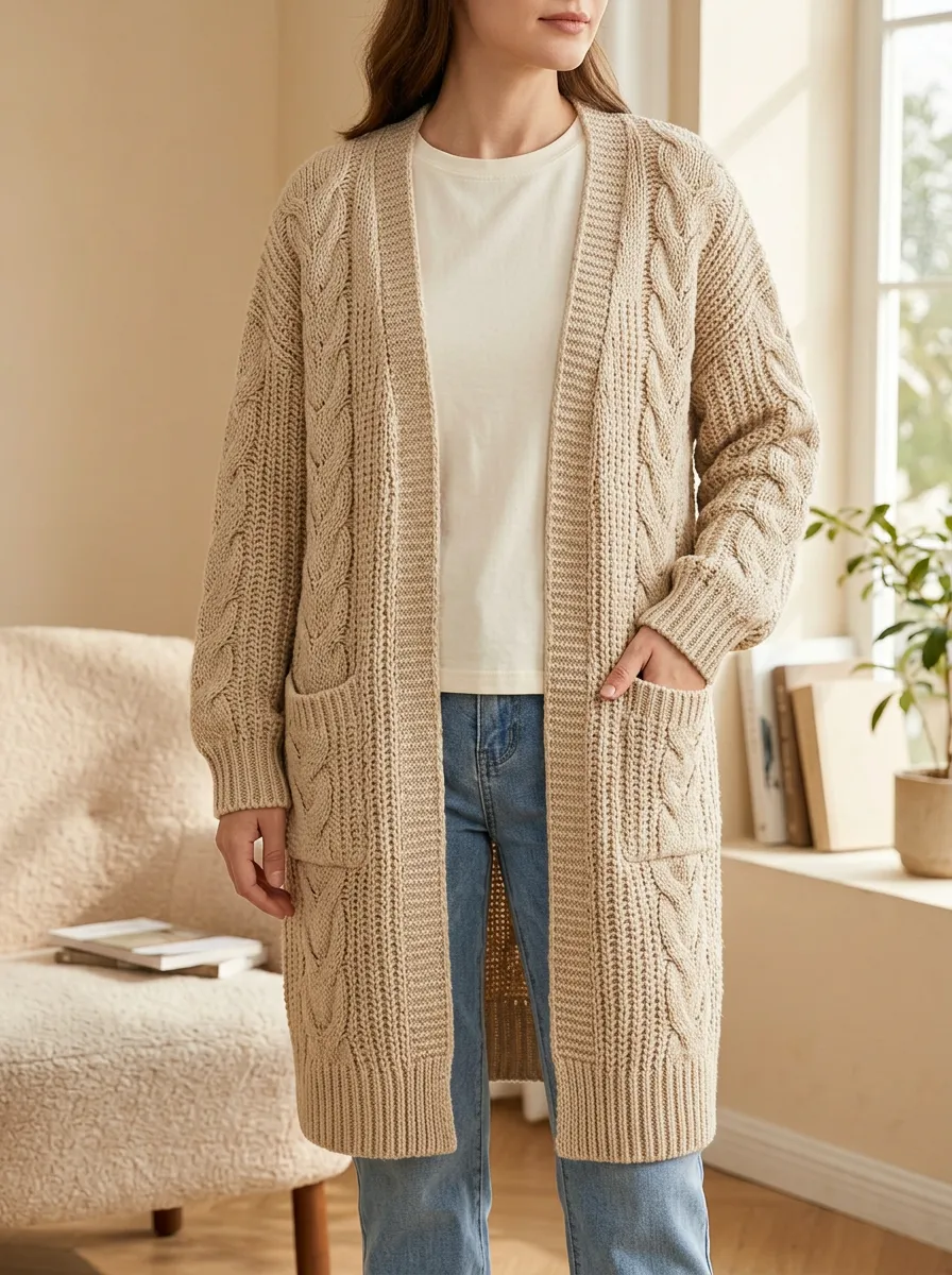 Women's Cable Knit Open-Front Vertical Cable-Knit Detailing Long Cardigan