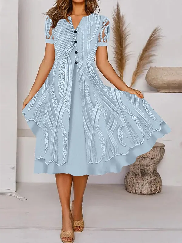 Casual Retro Print V Neck Button Short Sleeves Midi Dress