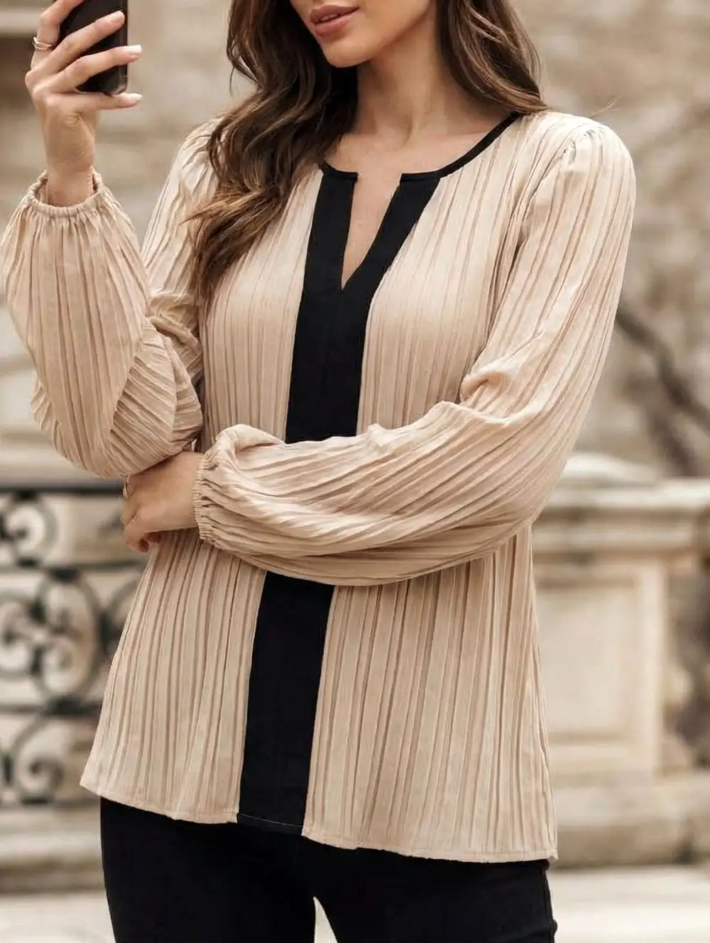 Panel V Neck Puff Sleeve Blouse Tee