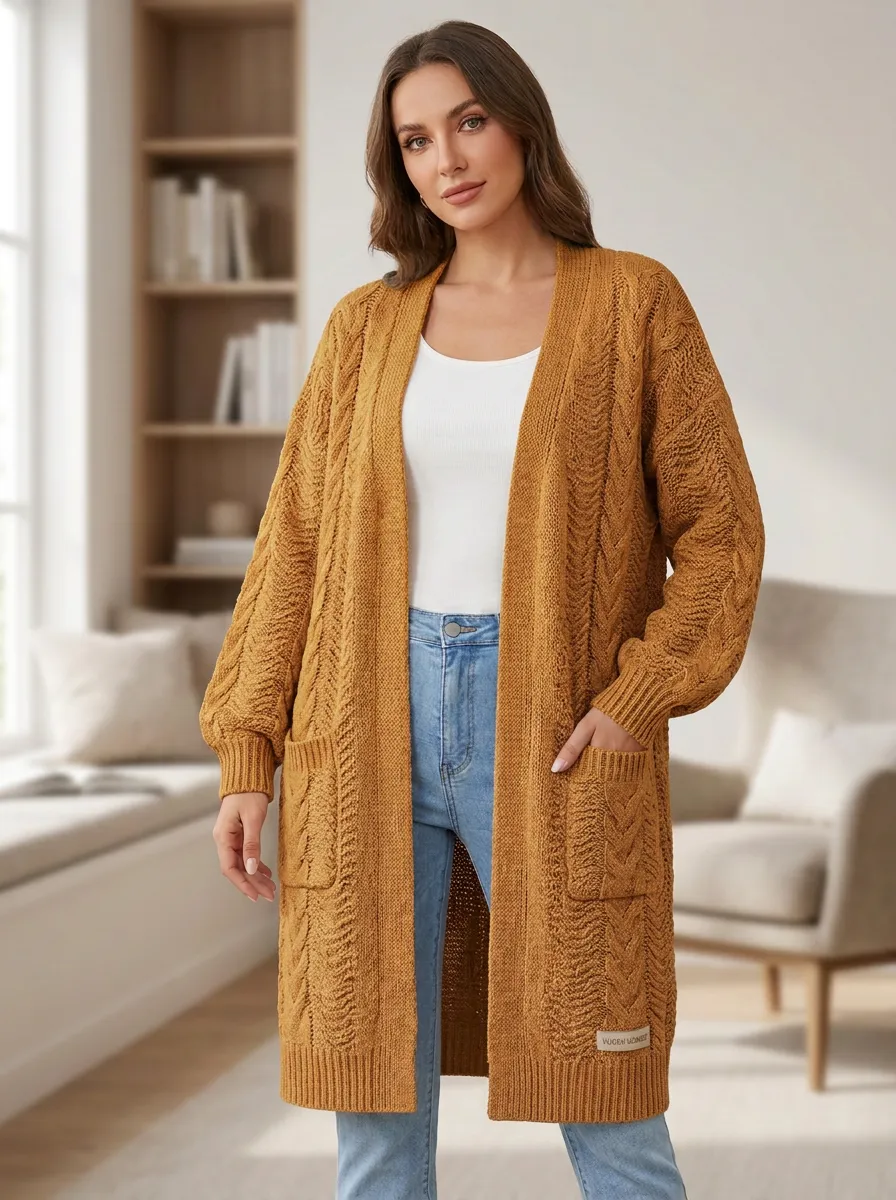 Women's Cable Knit Open-Front Intricate Cable-Knit Pattern Throughout Long Cardigan